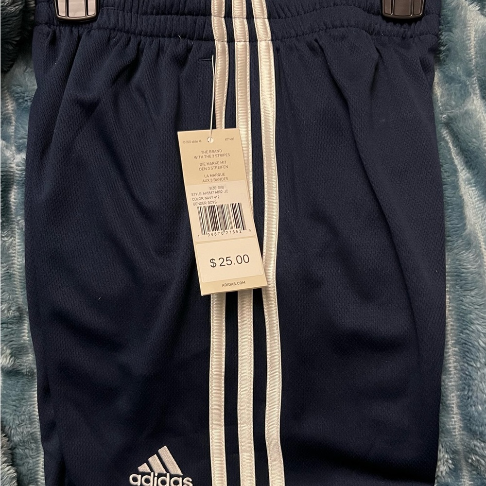 Adidas Blue Athletic Shorts with Stripes and Elastic Waistband